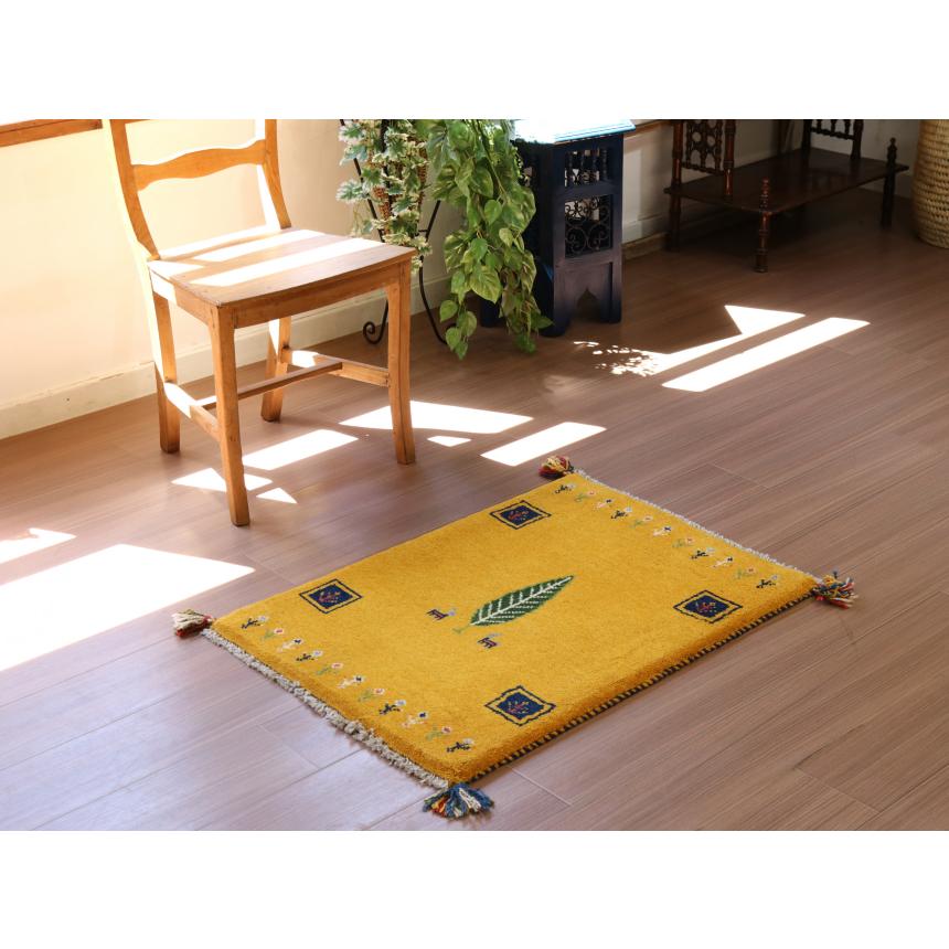 ギャッベ 手織り イラン産 86x62cm イエロー　玄関マット　黄色　生命の木 | ブランド登録なし | 01