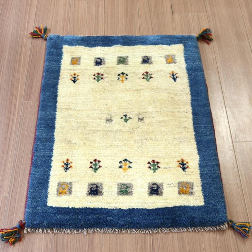 ギャッベ イラン産手織り 85x63cm ナチュラルアイボリー＆ブルー　玄関マット | ブランド登録なし