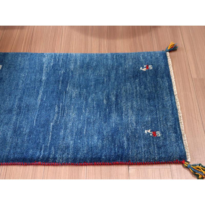 ギャッベ 手織り イラン産 92x66cm ブルー シンプルモチーフ