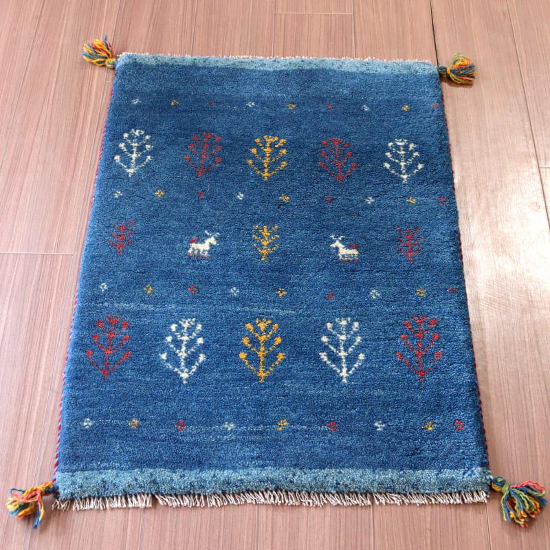 ギャッベ 手織り イラン産 88x62cm ブルー 植物と動物 | ブランド登録なし