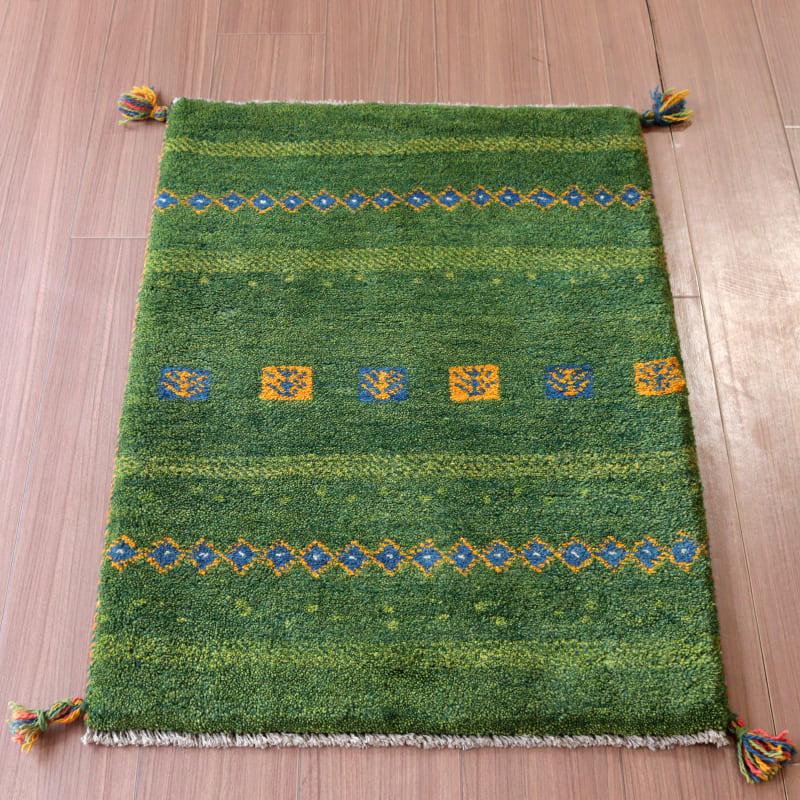 ギャッベ 手織り イラン産 90x62cm グリーン 幾何学モチーフ | ブランド登録なし