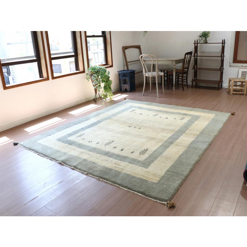 ギャベ ギャッベ イラン産手織り  240x202cm アイボリー　ペールブルーのボーダー | ブランド登録なし | 01