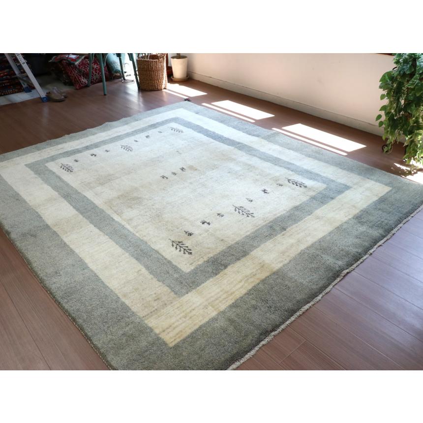 ギャベ ギャッベ イラン産手織り  240x202cm アイボリー　ペールブルーのボーダー | ブランド登録なし | 06