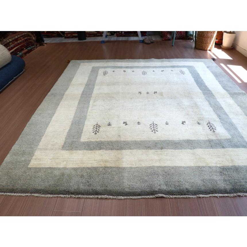 ギャベ ギャッベ イラン産手織り  240x202cm アイボリー　ペールブルーのボーダー | ブランド登録なし | 09