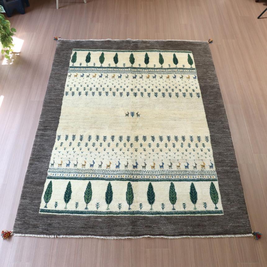 ギャベ ギャッベ  遊牧民の手織りラグ 225x170cm アイボリー/グレー　イトスギの木 | ブランド登録なし