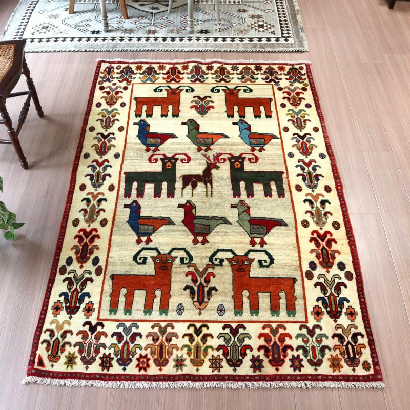 カシュカイ族の手織りラグ ギャッベ 195x120cm 鳥と動物 | ブランド登録なし