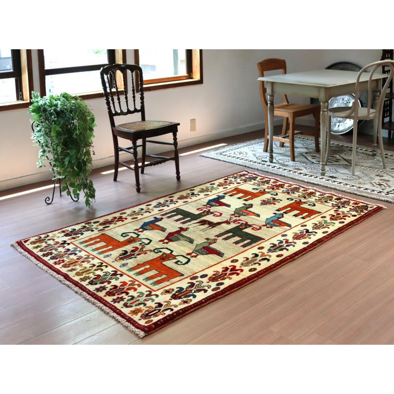 カシュカイ族の手織りラグ ギャッベ 195x120cm 鳥と動物 | ブランド登録なし | 01