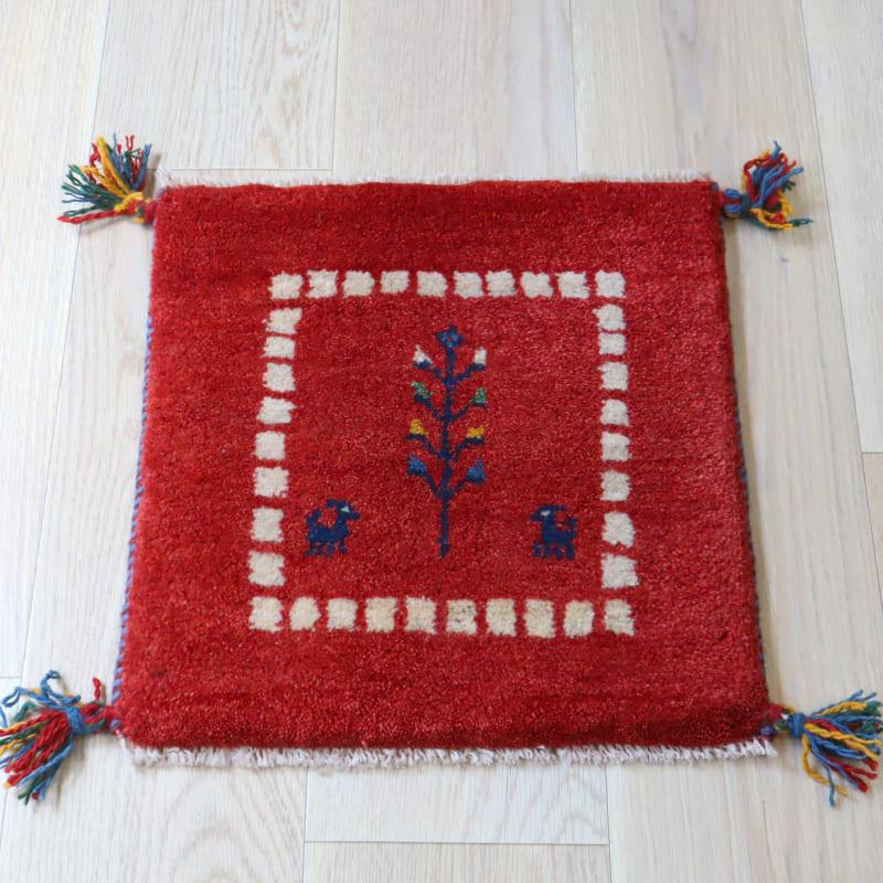 ギャッベ イラン産手織り 座布団サイズ 42x41cm レッド　草花と動物モチーフ | ブランド登録なし