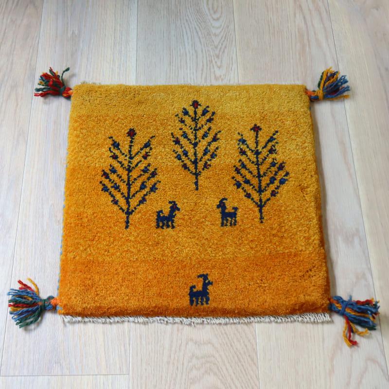 ギャッベ イラン産手織り 座布団サイズ 40x41cm イエローオレンジ　生命の木と動物モチーフ | ブランド登録なし