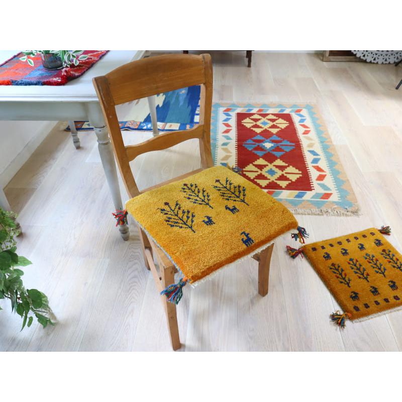 ギャッベ イラン産手織り 座布団サイズ 40x41cm イエローオレンジ　生命の木と動物モチーフ | ブランド登録なし | 01