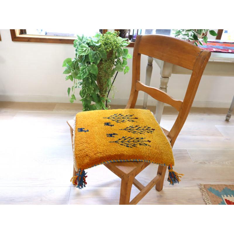 ギャッベ イラン産手織り 座布団サイズ 40x41cm イエローオレンジ　生命の木と動物モチーフ | ブランド登録なし | 02