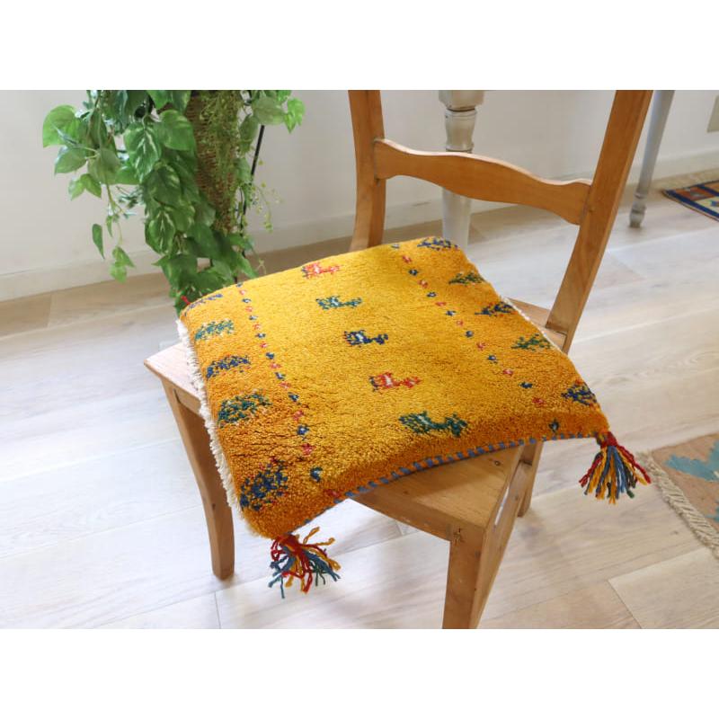 ギャッベ イラン産手織り 座布団サイズ 38x41cm イエローオレンジ