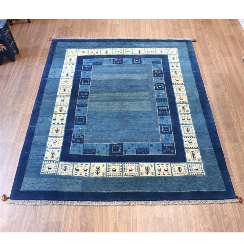 ギャベ カシュカイ族の手織りラグ 246x198cm 明るいブルー　二重のボーダー　イラン　手織り | 