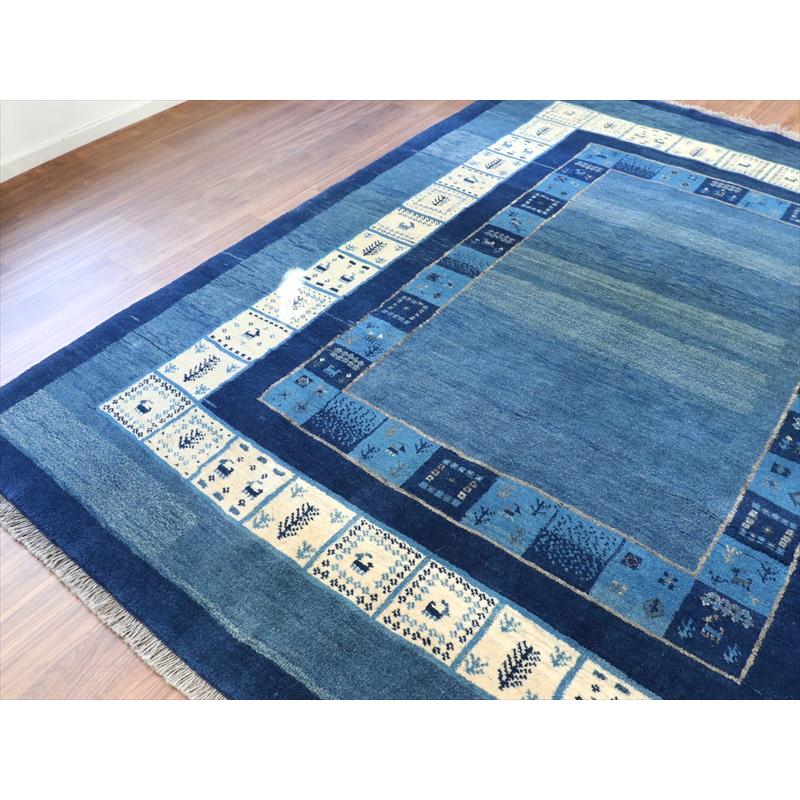 ギャベ カシュカイ族の手織りラグ 246x198cm 明るいブルー　二重のボーダー　イラン　手織り |  | 04