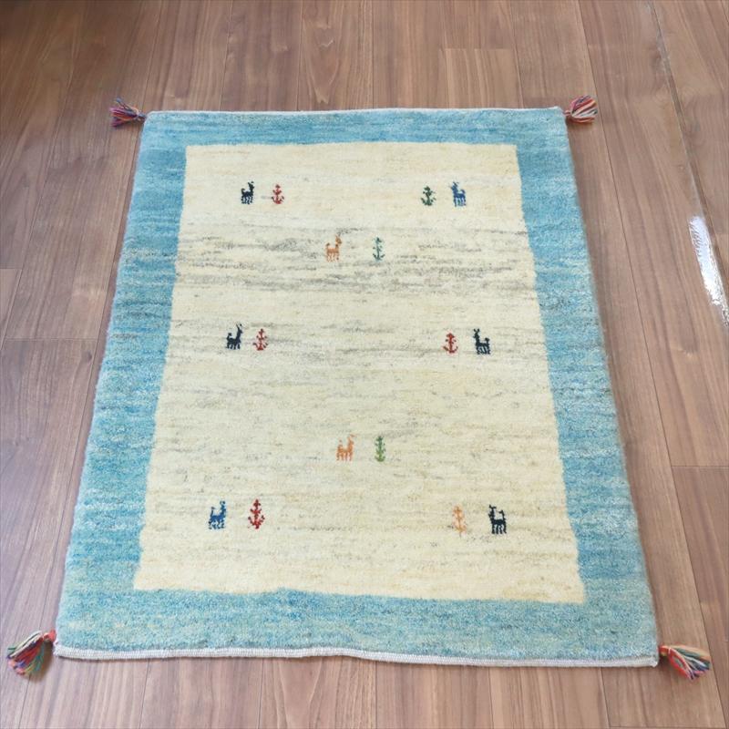 ギャッベ イラン 手織りラグ 112x82cm ナチュラルアイボリー　水色 | 