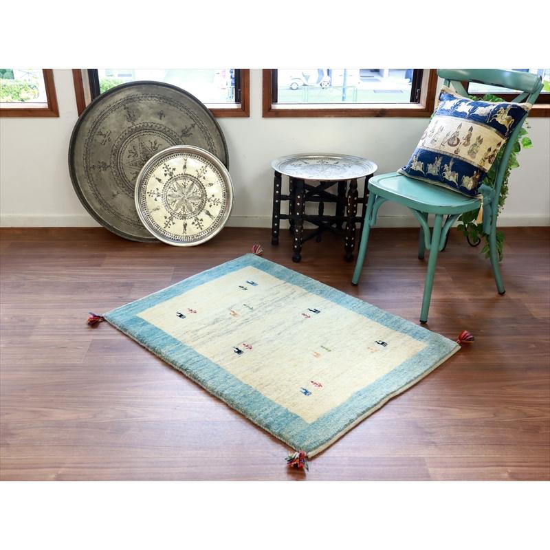 ギャッベ イラン 手織りラグ 112x82cm ナチュラルアイボリー　水色 |  | 01