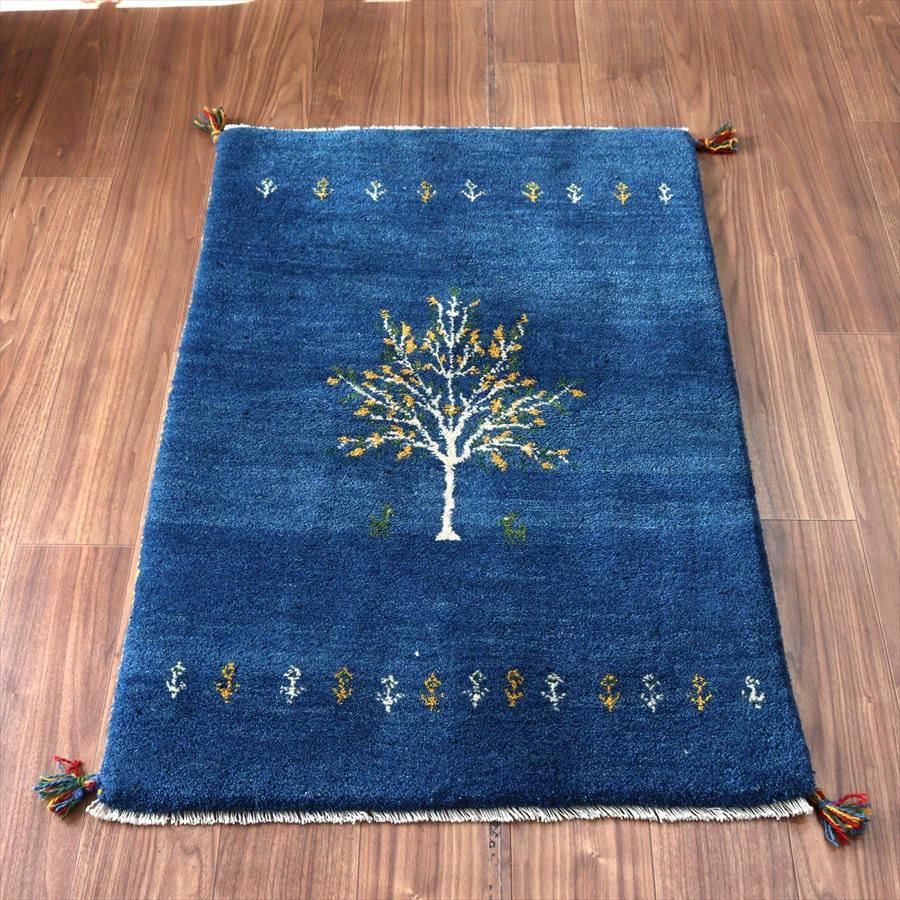 イランの手織りラグ ギャッベ 120x80cm 植物と動物 ブルー | 