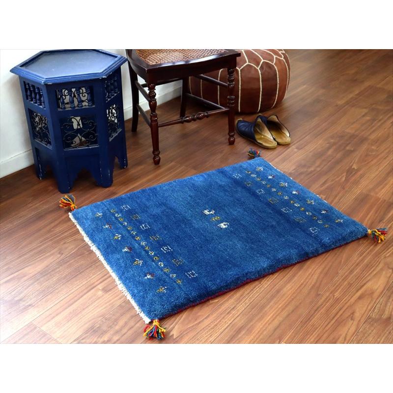 ギャッベ イラン産手織り 86×67cm 玄関マット ブルー カラフルな生命の樹と動物 |  | 01