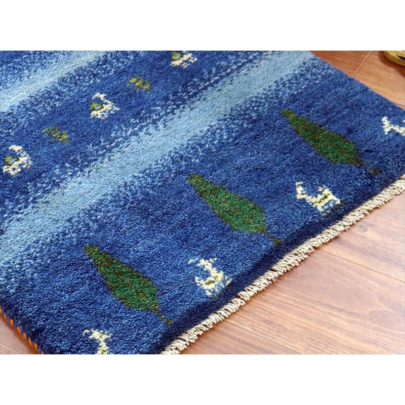 ギャッベ イラン産手織り 84×61cm 玄関マット ブルー 動物と糸杉 |  | 03