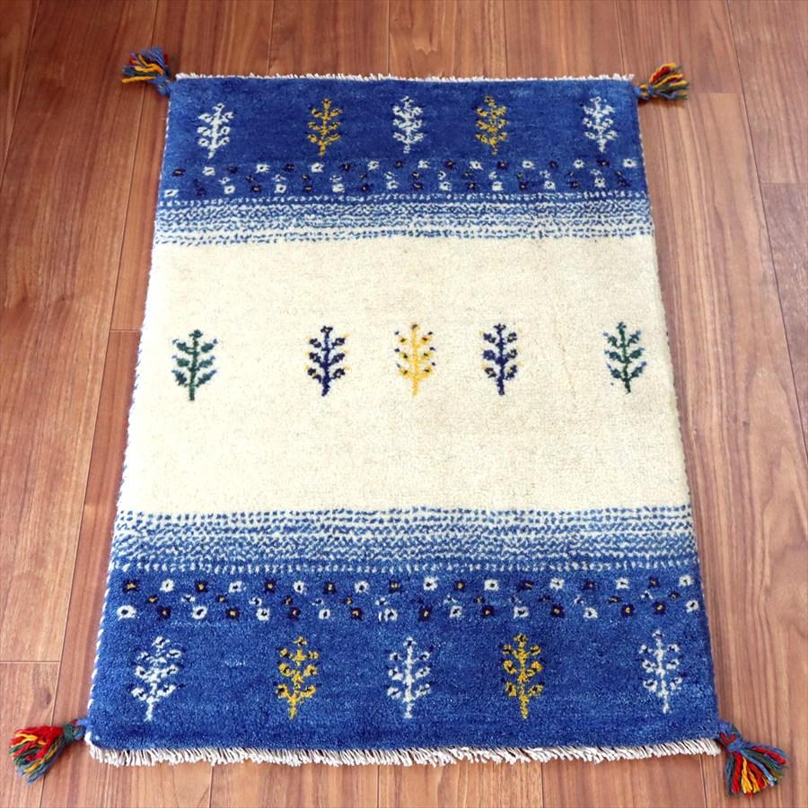 ギャッベ イラン産手織り 87×59cm 玄関マット ナチュラルアイボリー＆ブルー 生命の樹 | 