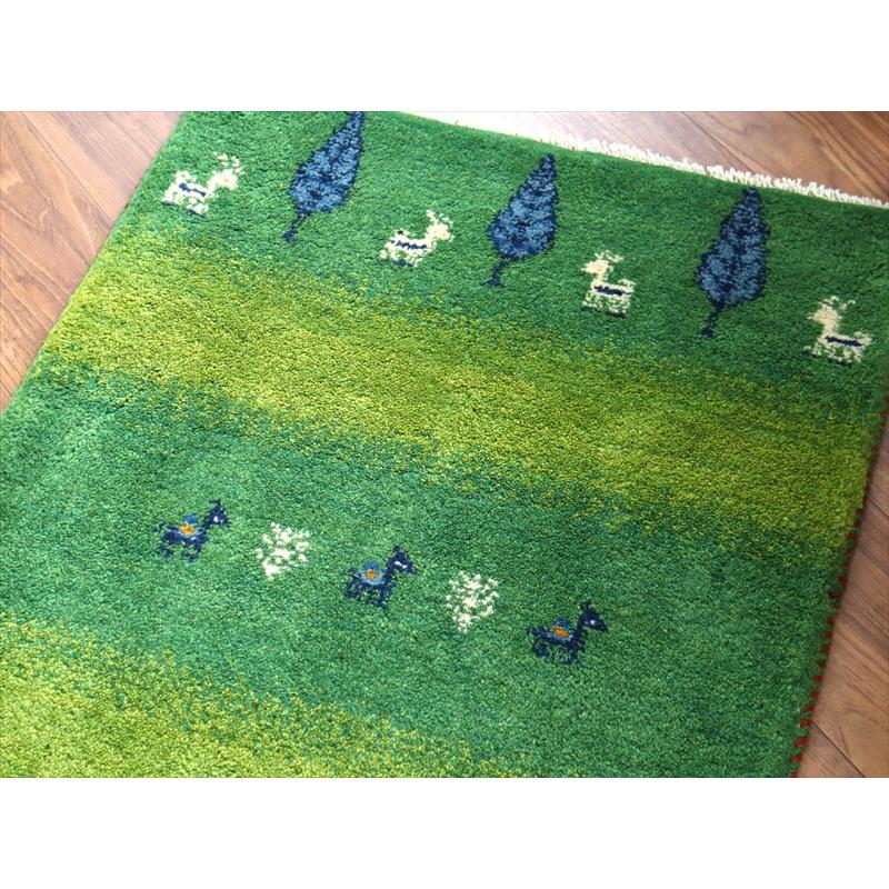 ギャッベ イラン産手織り 89×65cm 玄関マット グリーン 糸杉と動物 |  | 02
