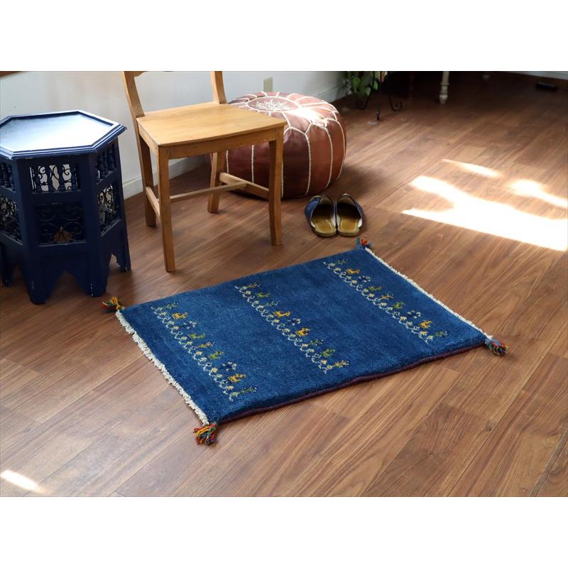 ギャッベ イラン産手織り 85×63cm 玄関マット ブルー 動物と生命の樹 |  | 01