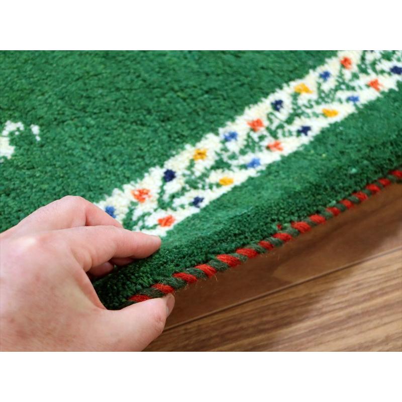 ギャッベ イラン産手織り 89×62cm 玄関マット グリーン 連なる生命の樹と動物モチーフ |  | 04