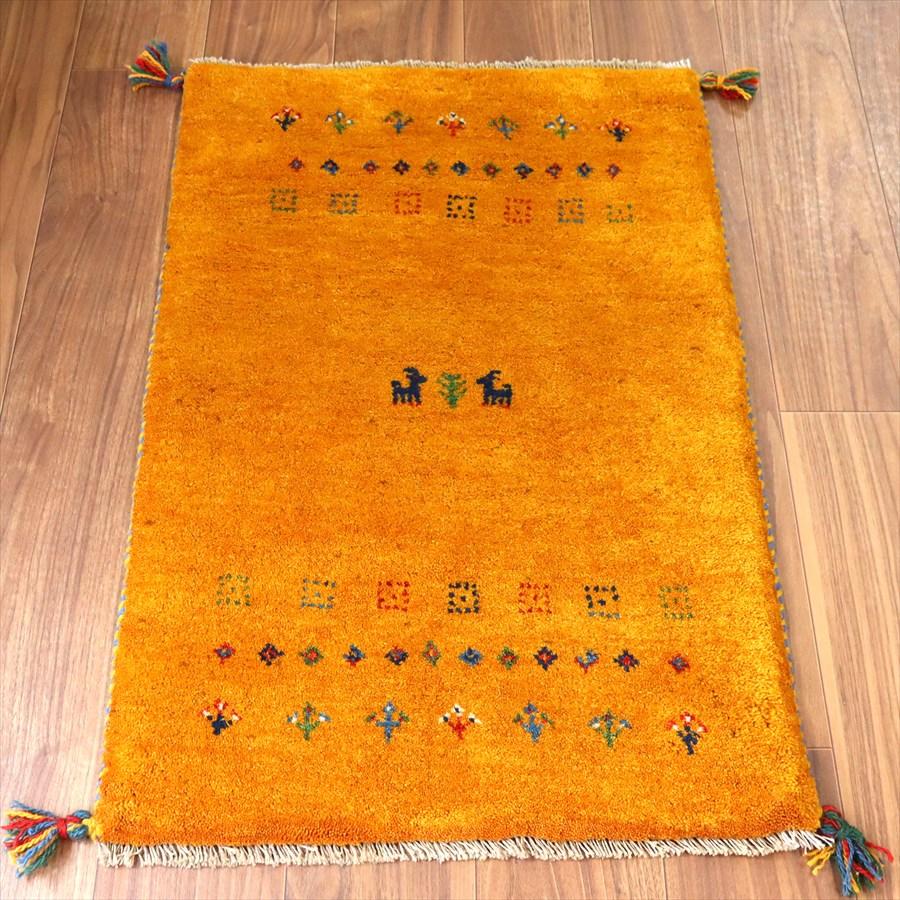 ギャッベ イラン産手織り 89×60cm 玄関マット オレンジ 動物と生命の樹 | 