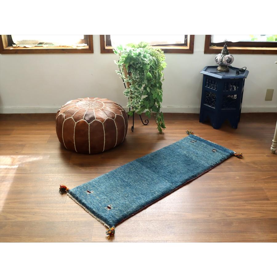 ギャッベ イラン 手織り　ミニランナー 120x42cm ブルー 自然な色ムラ シンプル　無地 |  | 01