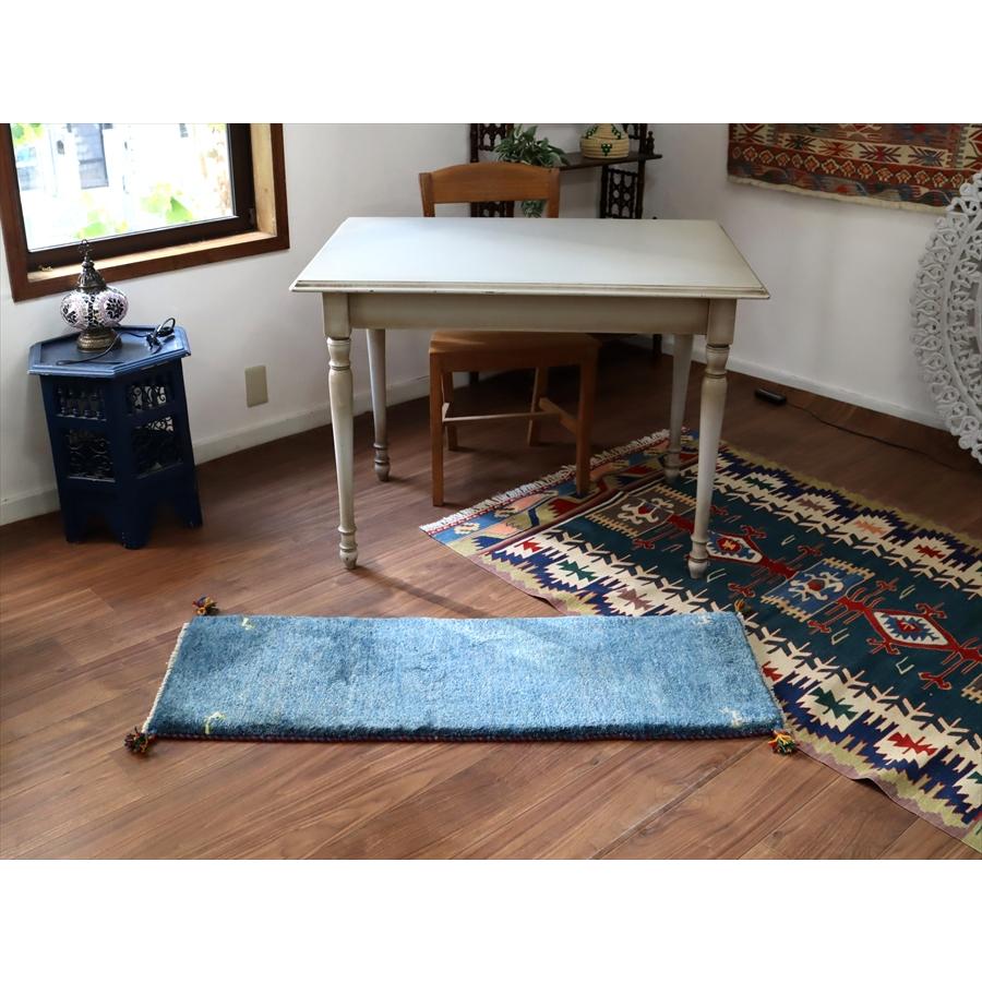 ギャッベ イラン 手織り　ミニランナー 120x42cm ブルー 自然な色ムラ シンプル　無地 |  | 01