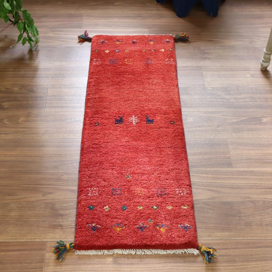 ギャッベ イラン 手織り　ミニランナー 120x42cm レッド 動物と草花モチーフ | 