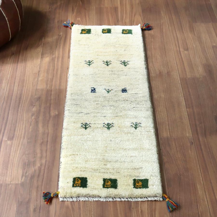 ギャッベ イラン 手織り　ミニランナー 115x43cm ナチュラル羊毛　アイボリー　生命の木と動物 | 