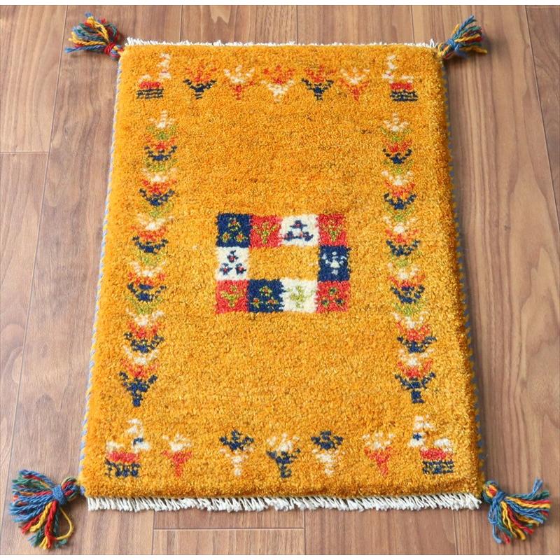 ギャッベ ミニギャベ イラン手織り 59×41cm イエローオレンジ 連なる生命の樹と動物 | 