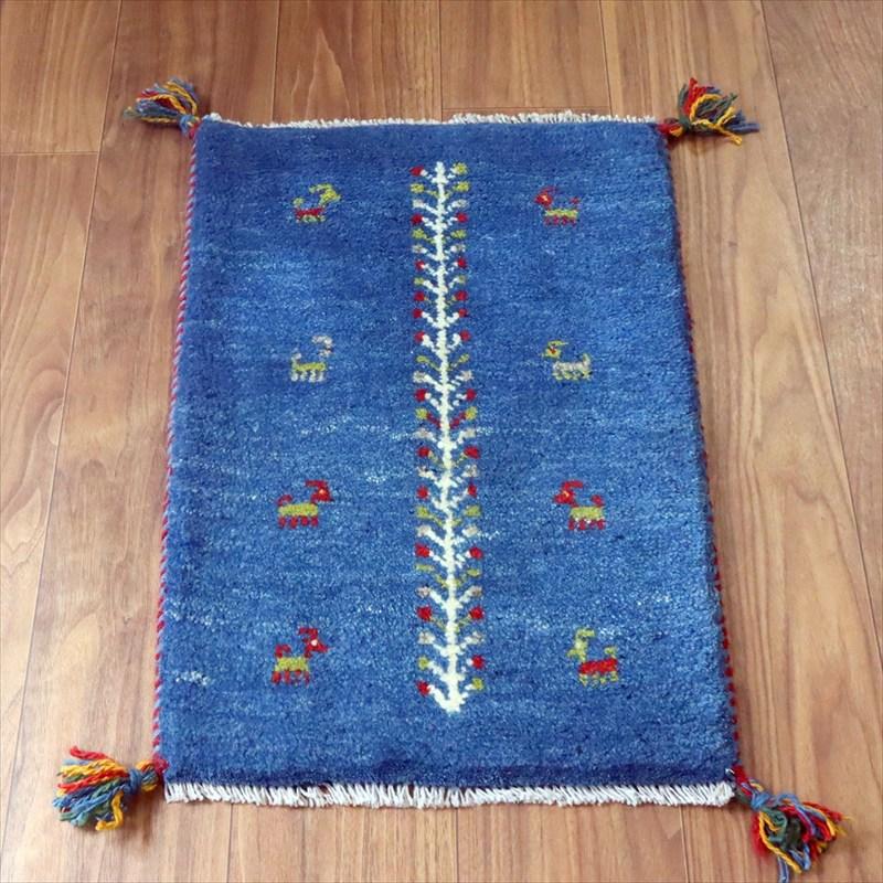 ギャッベ ミニギャベ イラン手織り 60×41cm ブルー 連なる生命の樹と動物 | 