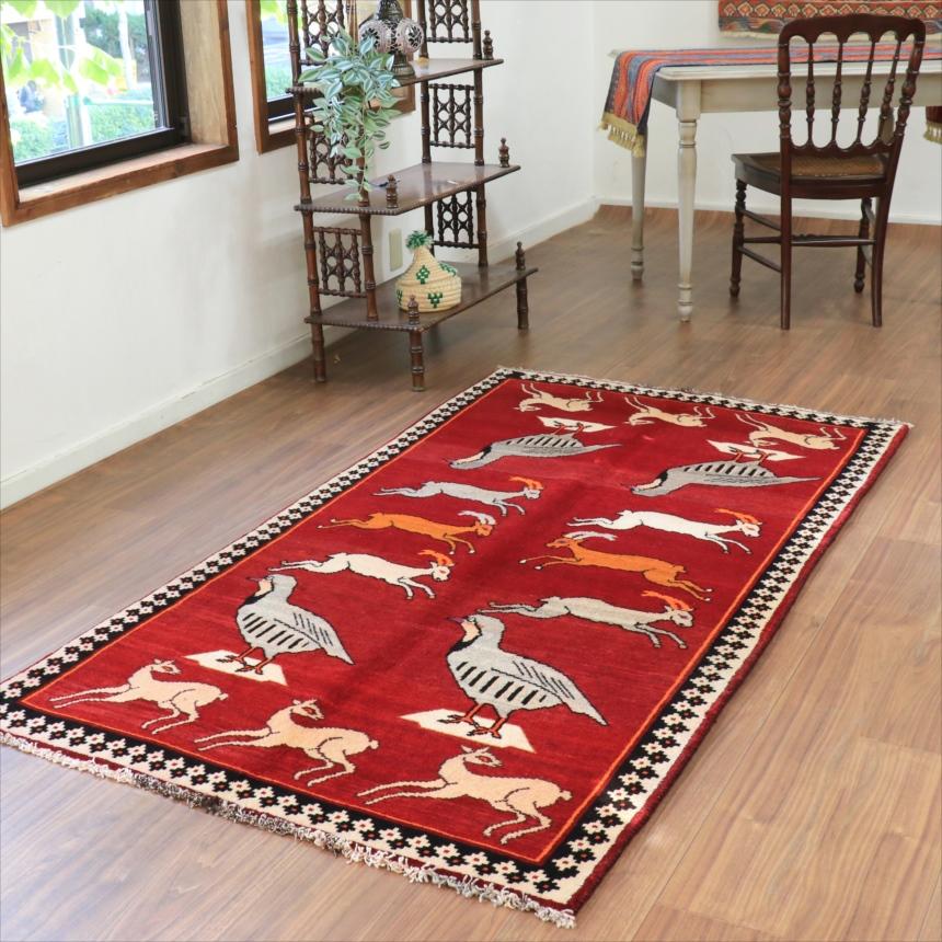 オールドギャッベ トライバルラグ 195x105cm カシュカイ族の手織り絨毯 鹿とムクドリ |  | 01