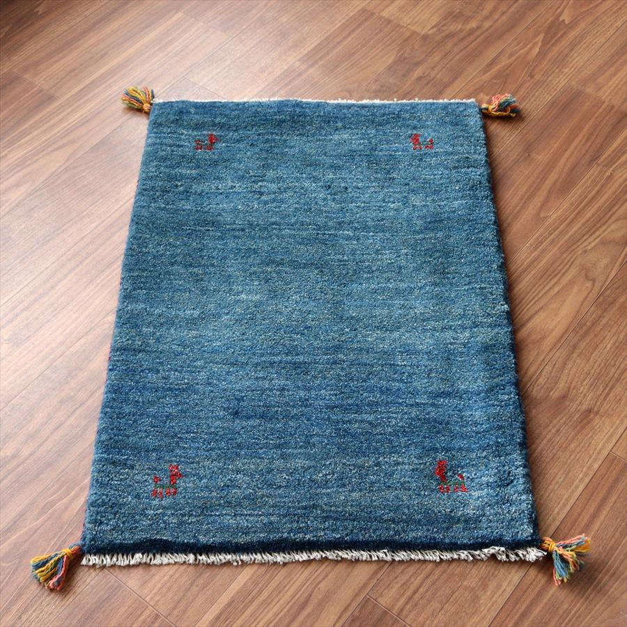 ギャッベ イラン産手織りラグ 90x62cm ブルー シンプルモチーフ | 