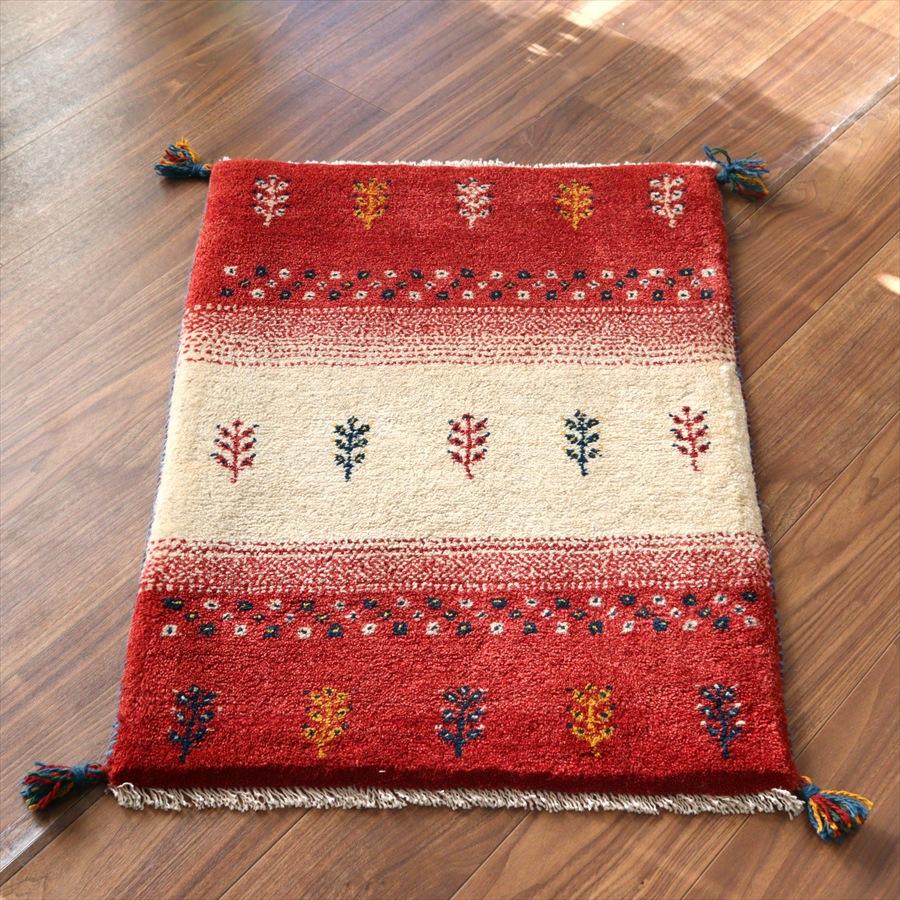 ギャッベ イラン産手織りラグ 90x62cm レッド＆アイボリー 植物 | 