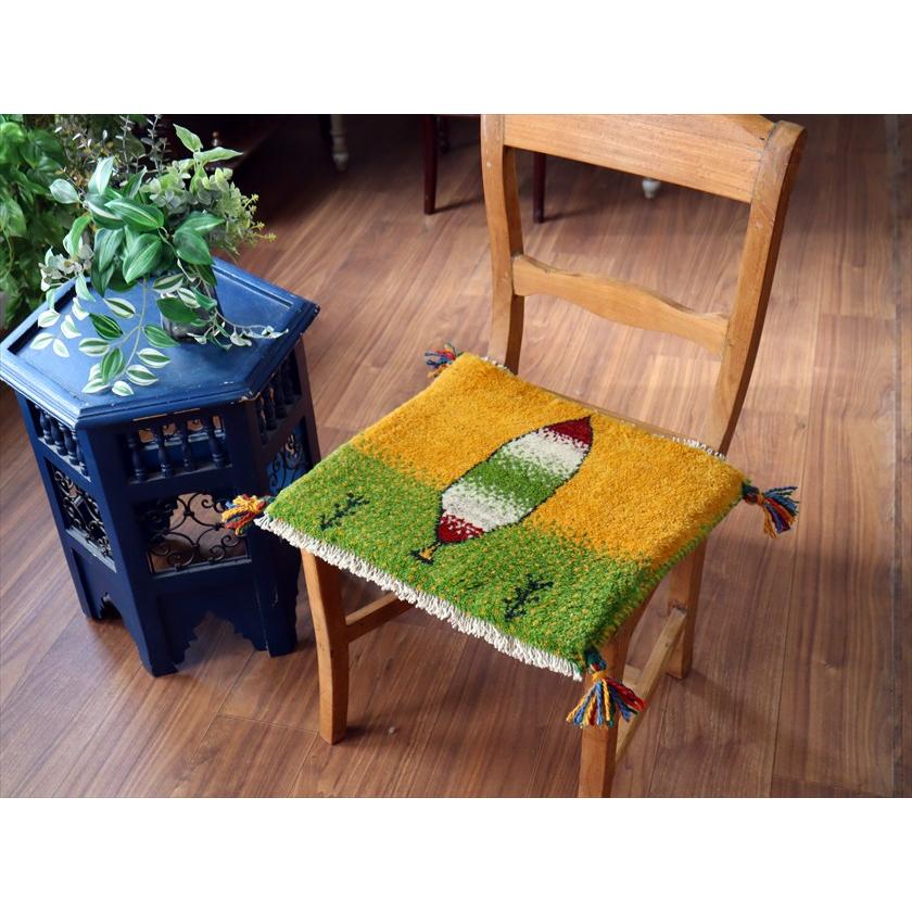 ギャッベ イラン産手織り 座布団サイズ 39×42cm イエロー＆グリーン 糸杉と生命の樹 |  | 01