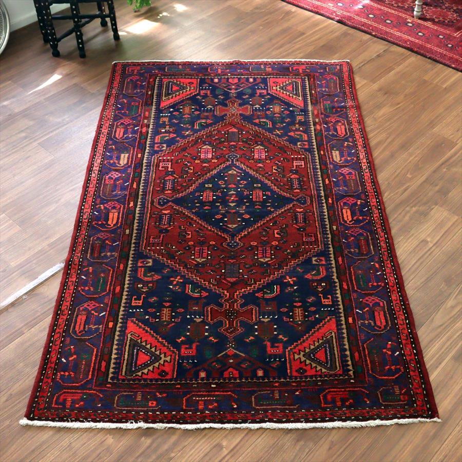 トライバルラグ　手織り絨毯 シラーズ　ハムセ 225x134cm 六角系の赤いメダリオン・青のダイヤ | ブランド登録なし