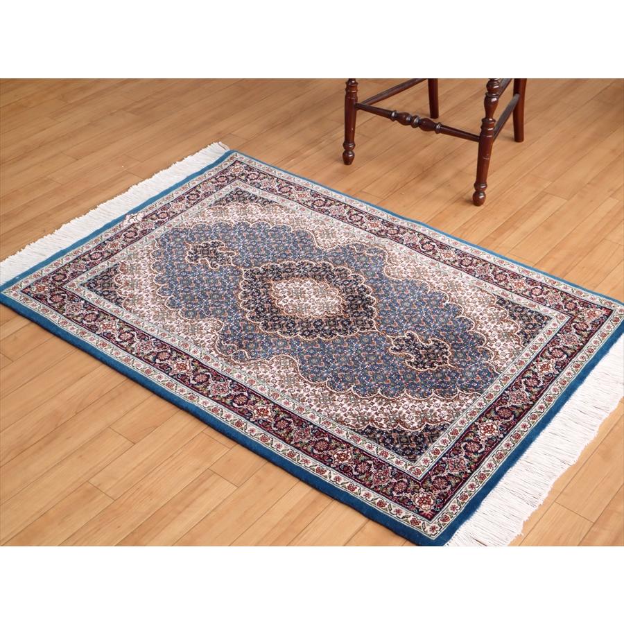 ペルシャ絨毯 タブリーズ産マヒ 玄関マット 120x83cm トルコブルー