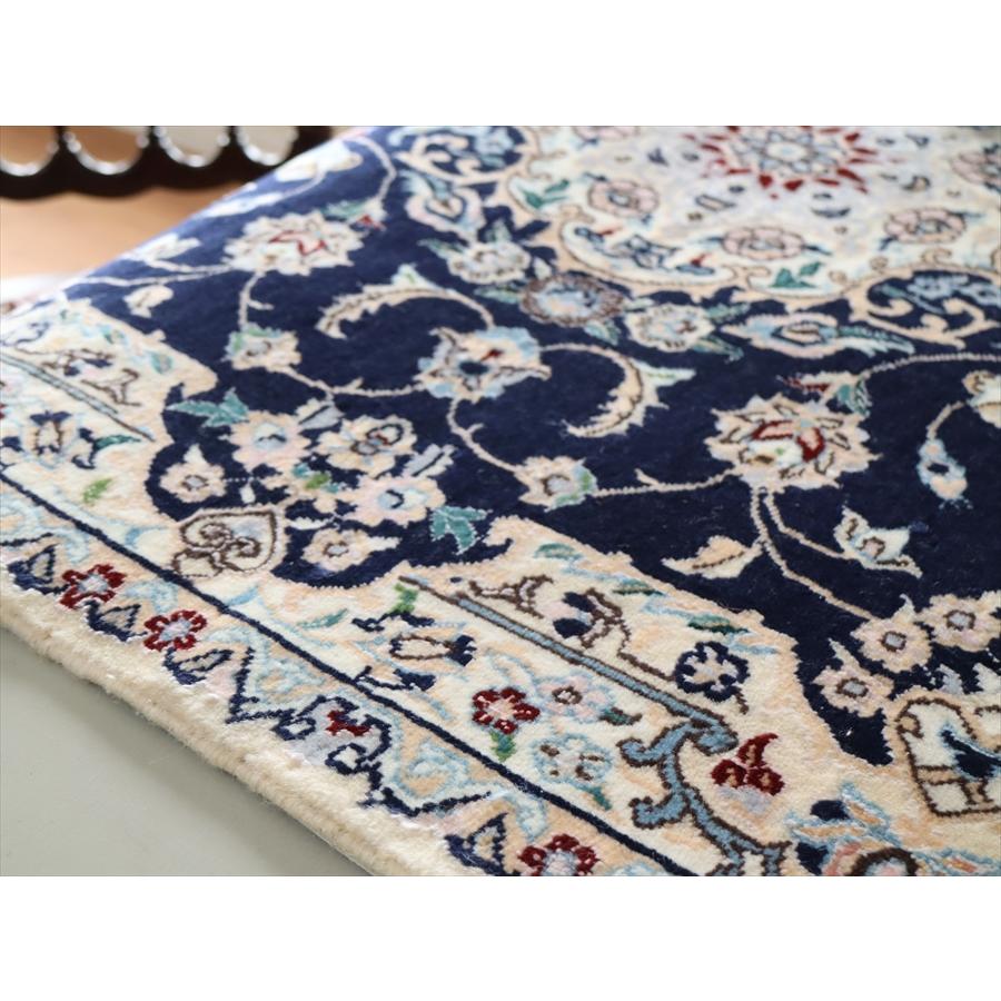 ペルシャ絨毯 ナイン産6L 120x80cm 濃紺 / ベージュ オーバル
