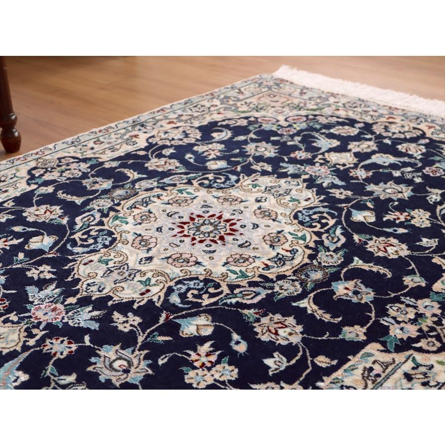 ペルシャ絨毯 ナイン産6L 120x80cm 濃紺 / ベージュ オーバル