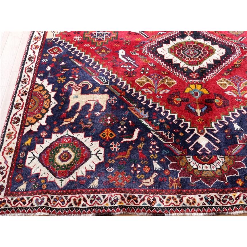 トライバルラグ カシュカイ族の手織り絨毯 258x170cm 赤い六角