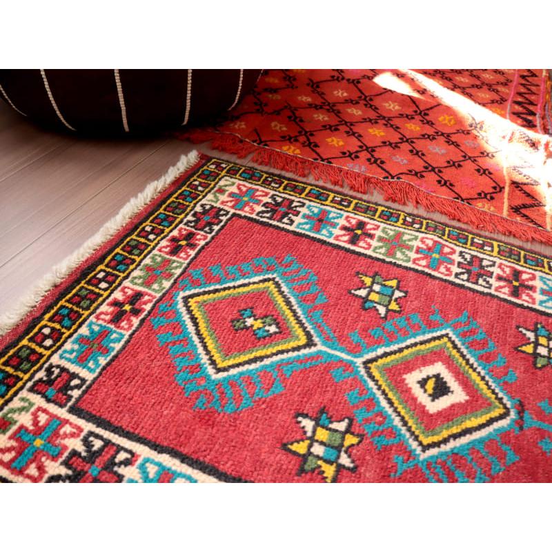 東イラン ホラサン地方の素朴な手織りラグ 90x63cm レッド 3つの