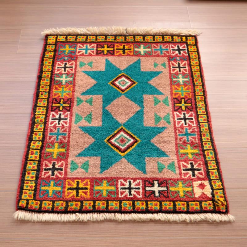 東イラン ホラサン地方の素朴な手織りラグ 79x62cm トルコブルーの星