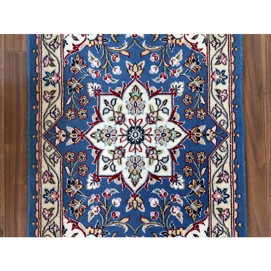 ペルシャ絨毯 ナイン産 9L 81x51cm ブルーのメダリオン 玄関マット