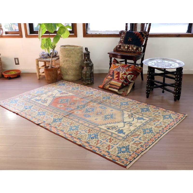 トルコ製ラグ✩お値下げします トライバルラグ トルコ 187x110cm 手織り絨毯 セッヂャーデ 色褪せた