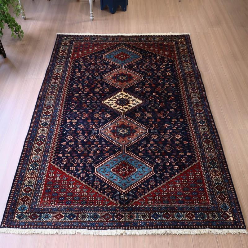 トライバルラグ　部族絨毯　イラン南部ヤラメ　Yalameh  240x156cm ネイビー　鳥と花のモチーフ | 