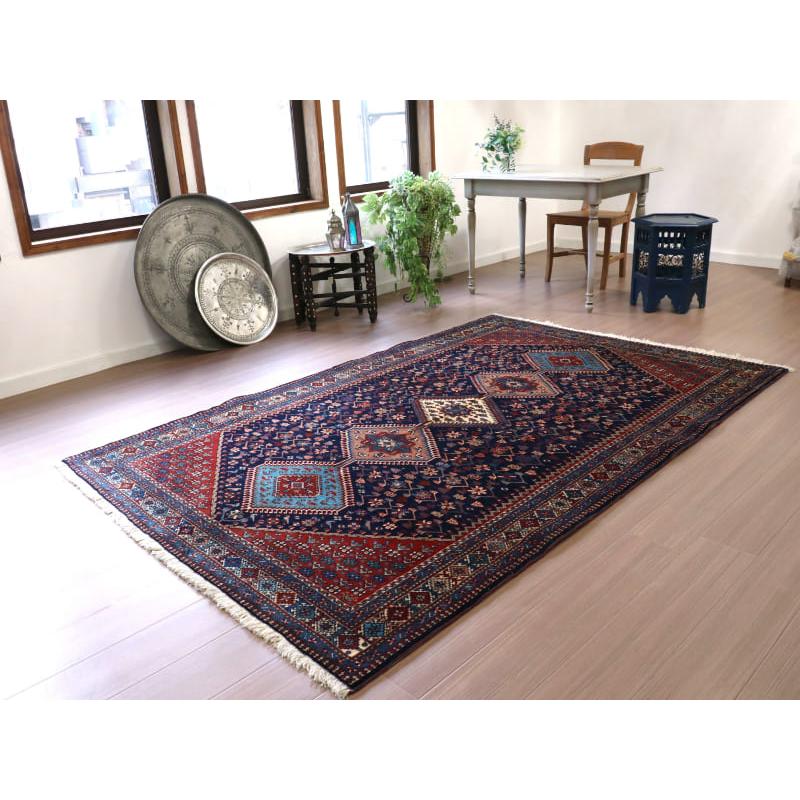 トライバルラグ　部族絨毯　イラン南部ヤラメ　Yalameh  240x156cm ネイビー　鳥と花のモチーフ |  | 16