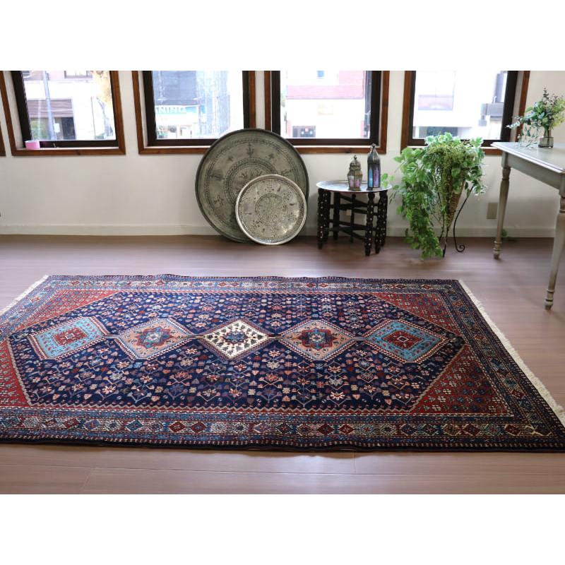 トライバルラグ　部族絨毯　イラン南部ヤラメ　Yalameh  240x156cm ネイビー　鳥と花のモチーフ |  | 04